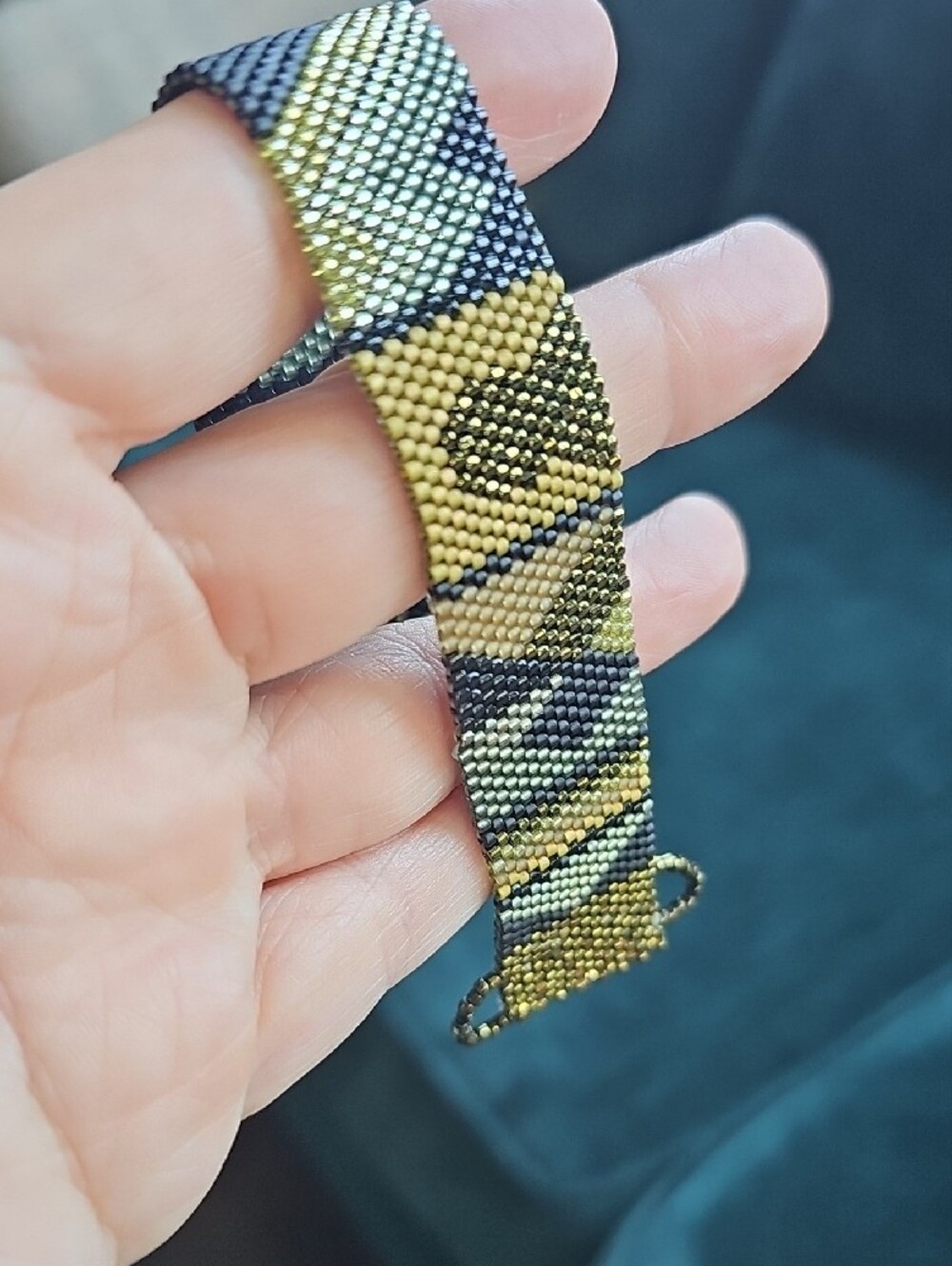 Handwoven Metallic And Matte Gold & Black Beaded Cuff Bracelet -  Bold Tones